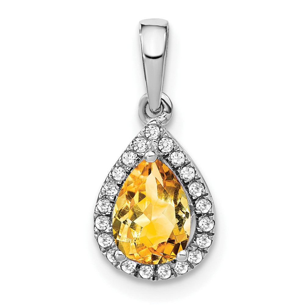 14k White Gold Pear Citrine and Diamond Halo Pendant