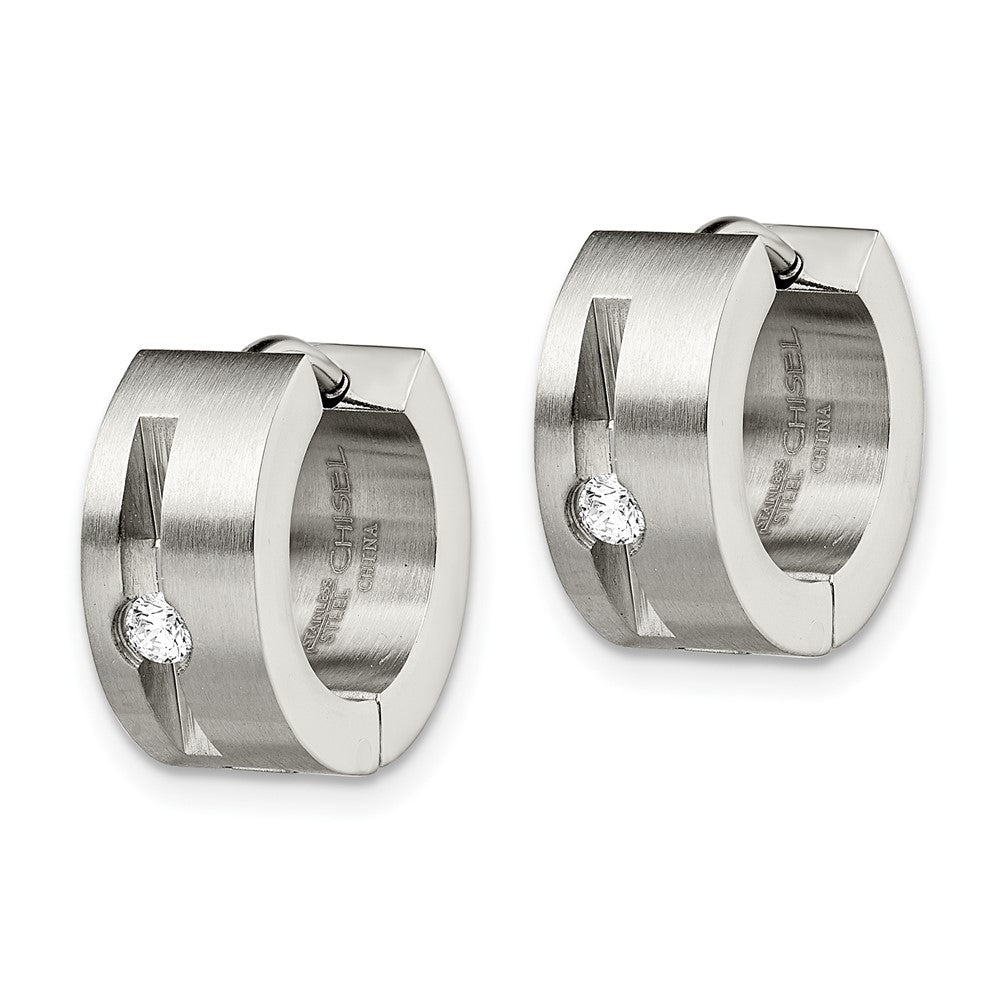 Stainless Steel Brushed & Polished w/CZ Round 7mm Hinged Hoop Earrings