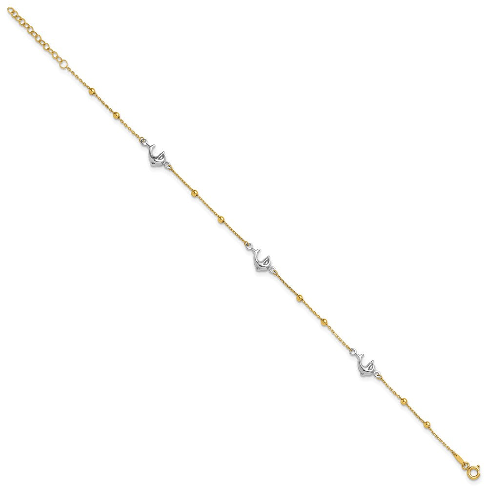 14K Two-tone Polished Beads and Three Dolphins 9 inch with 1 inch Extender Anklet