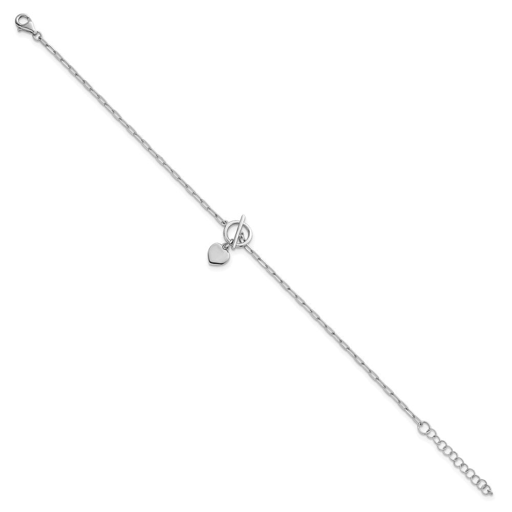 Sterling Silver Rhodium-plated Polished Heart Dangle Paperclip Link 6.5 Inch with 1 Inch Extension Bracelet 7.5 inches