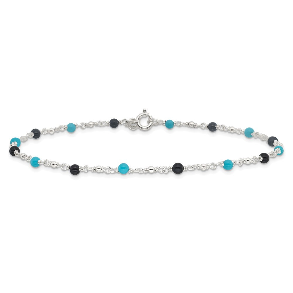 Sterling Silver Onyx/Turquoise Beads Anklet 10 inches