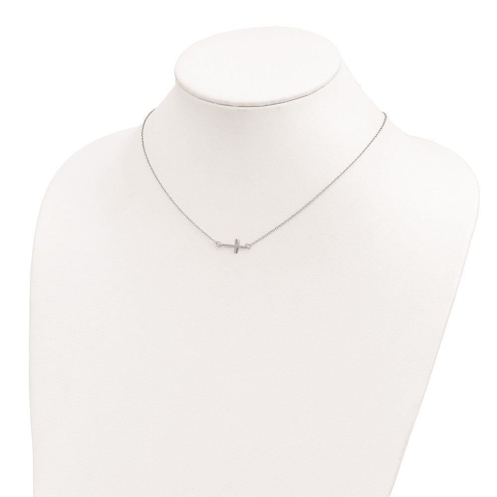 Sterling Silver Rhodium-plated w/ 2in ext. Sideways Cross Necklace 16 Inches