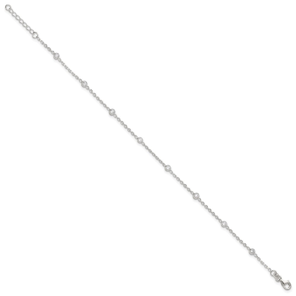 Sterling Silver Polished w/CZ 9 inch Plus1 inch Ext. Anklet 9 inches