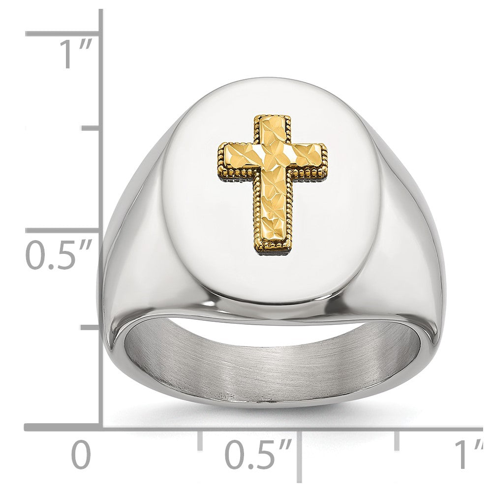 Chisel Stainless Steel Polished with Diamond-cut 14K Gold Accent Cross Oval Signet Ring Size - 9