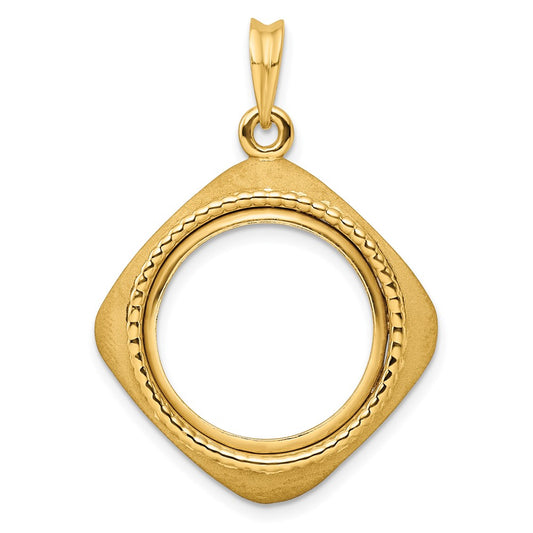 Wideband Distinguished Coin Jewelry 14k Polished Textured and Beaded Diamond Shaped 17.8mm Prong Coin Bezel Pendant
