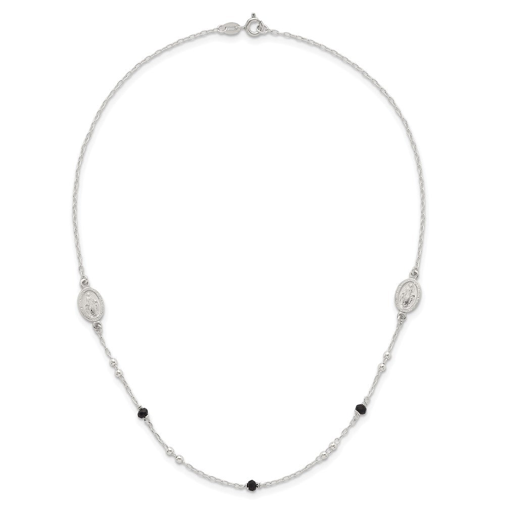 Sterling Silver Polished Textured Spanish Miraculous Medals with Black Glass Beads 16 inch Necklace