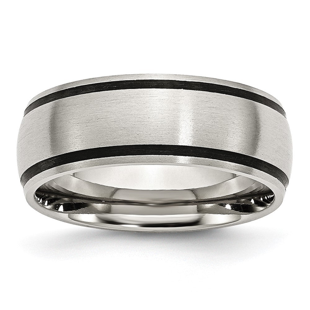 Stainless Steel Brushed w/Black Rubber 8mm Band Size - 9.5
