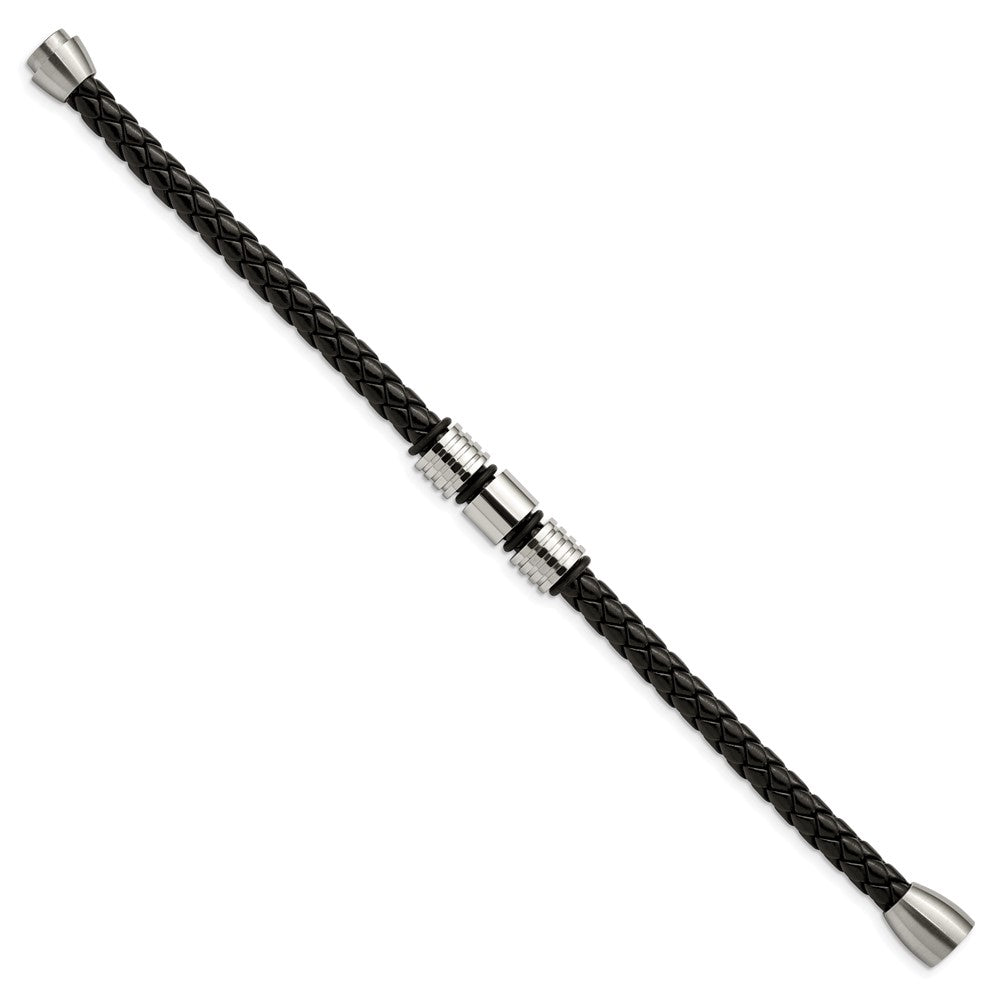 Stainless Steel Brushed and Polished Leather 8.5in Bracelet 8.5 inches