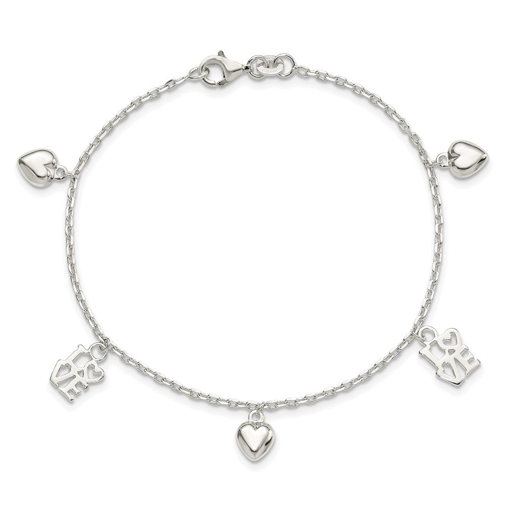 Sterling Silver Heart and LOVE Charm Bracelet 7.5 inches