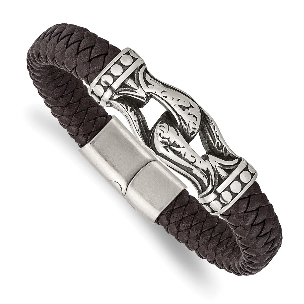 Stainless Steel Antiqued & Polished Dark Brown Faux Leather 8.5in Bracelet 8.5 inches