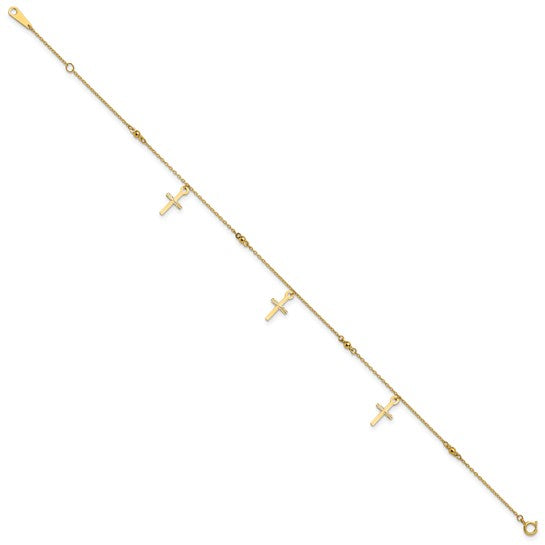 10k Polished and Textured Cross 9in Plus 1in ext. Anklet