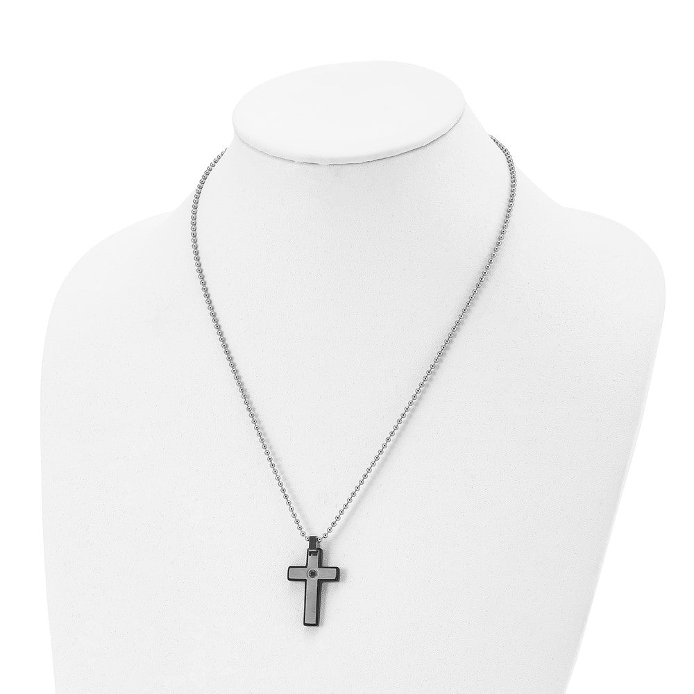 Stainless Steel Brushed and Polished Black IP CZ Black Cross Necklace