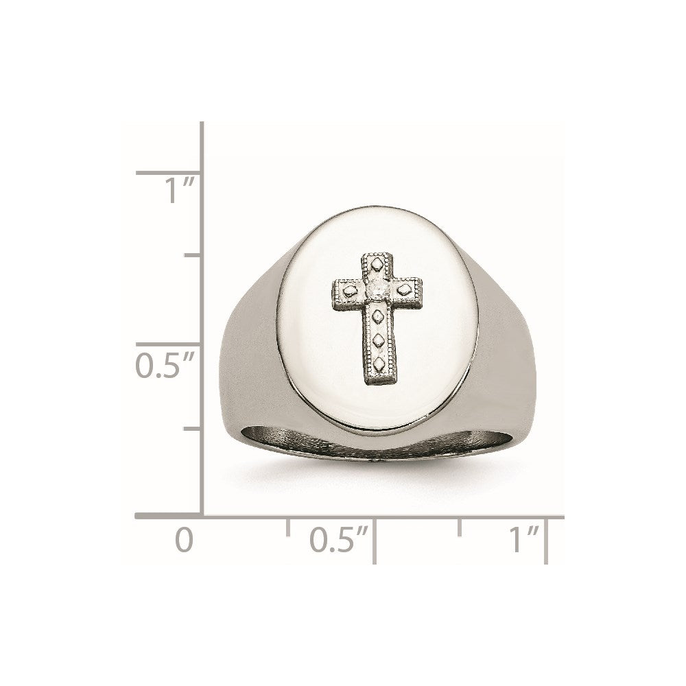 Stainless Steel Polished w/Sterling Silver Cross CZ Signet Ring Size - 10