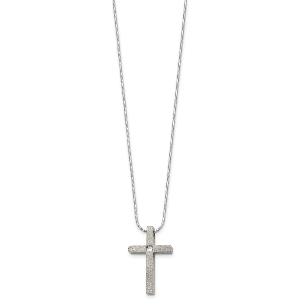 Titanium Brushed with CZ Cross 18in Necklace