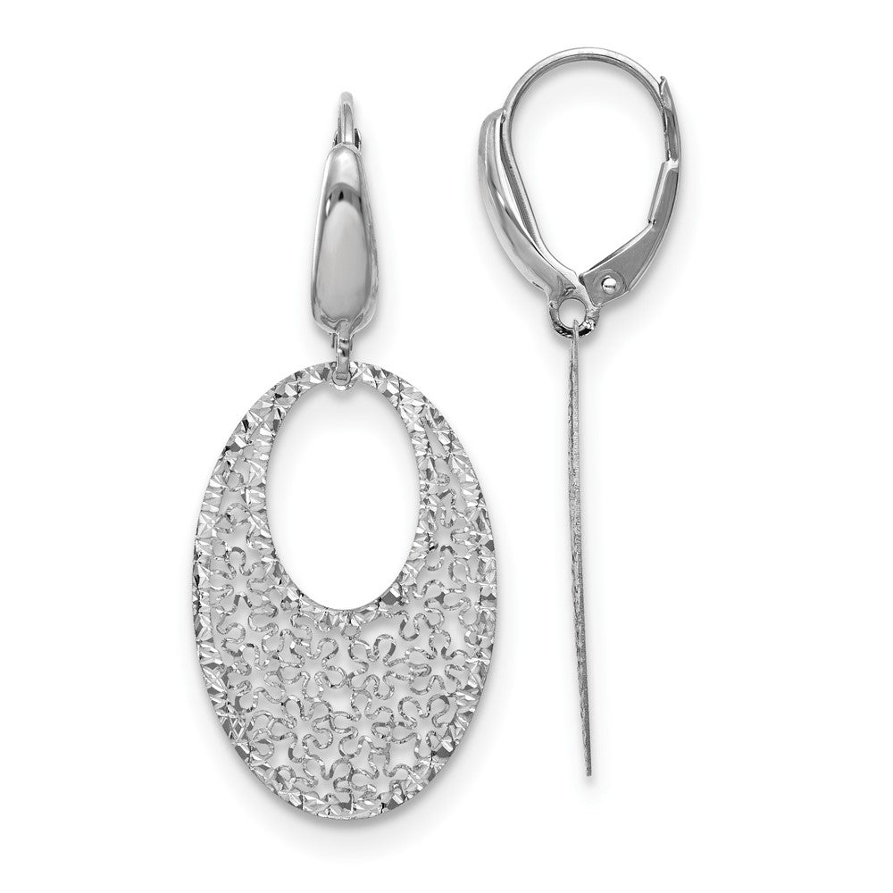 14K White Gold Polished and Textured Floral Leverback Earrings