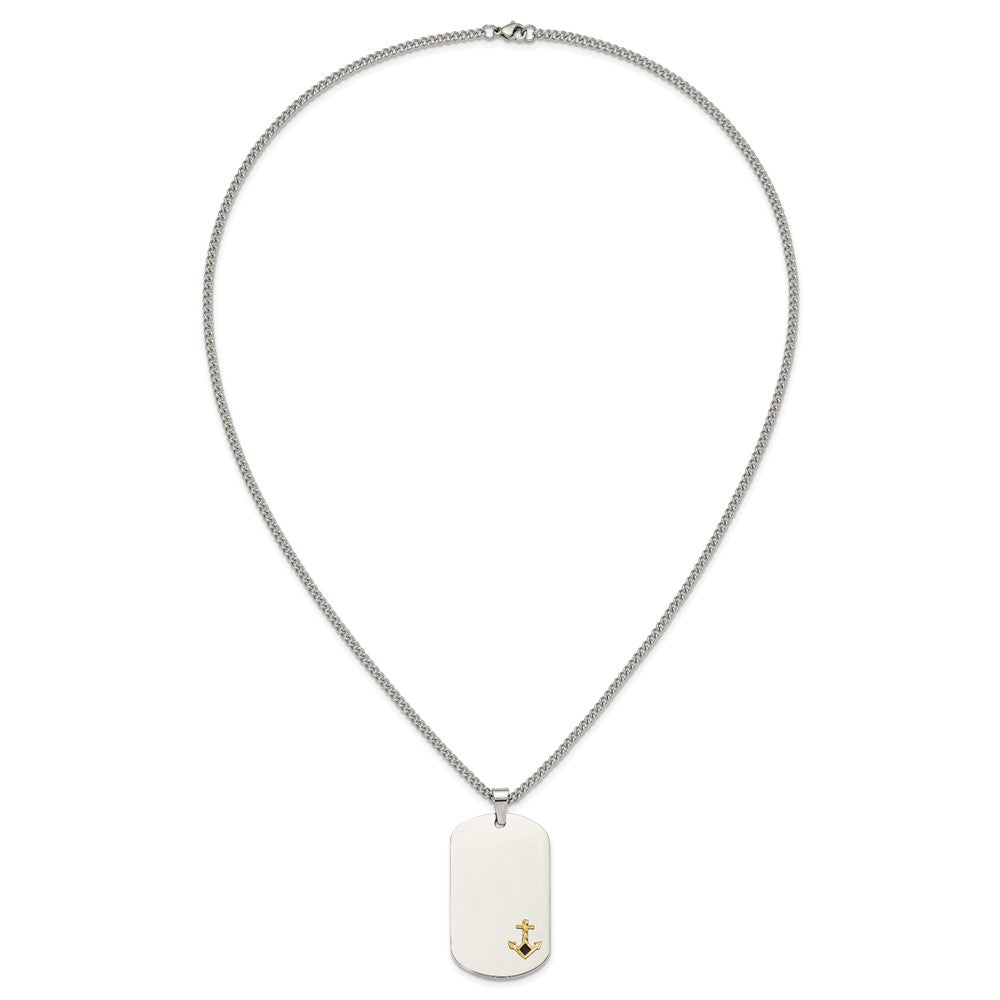 Chisel Stainless Steel Polished with Diamond-cut 14K Gold Accent Anchor with Black Enameled Dog Tag on a 24 inch Curb Chain Necklace