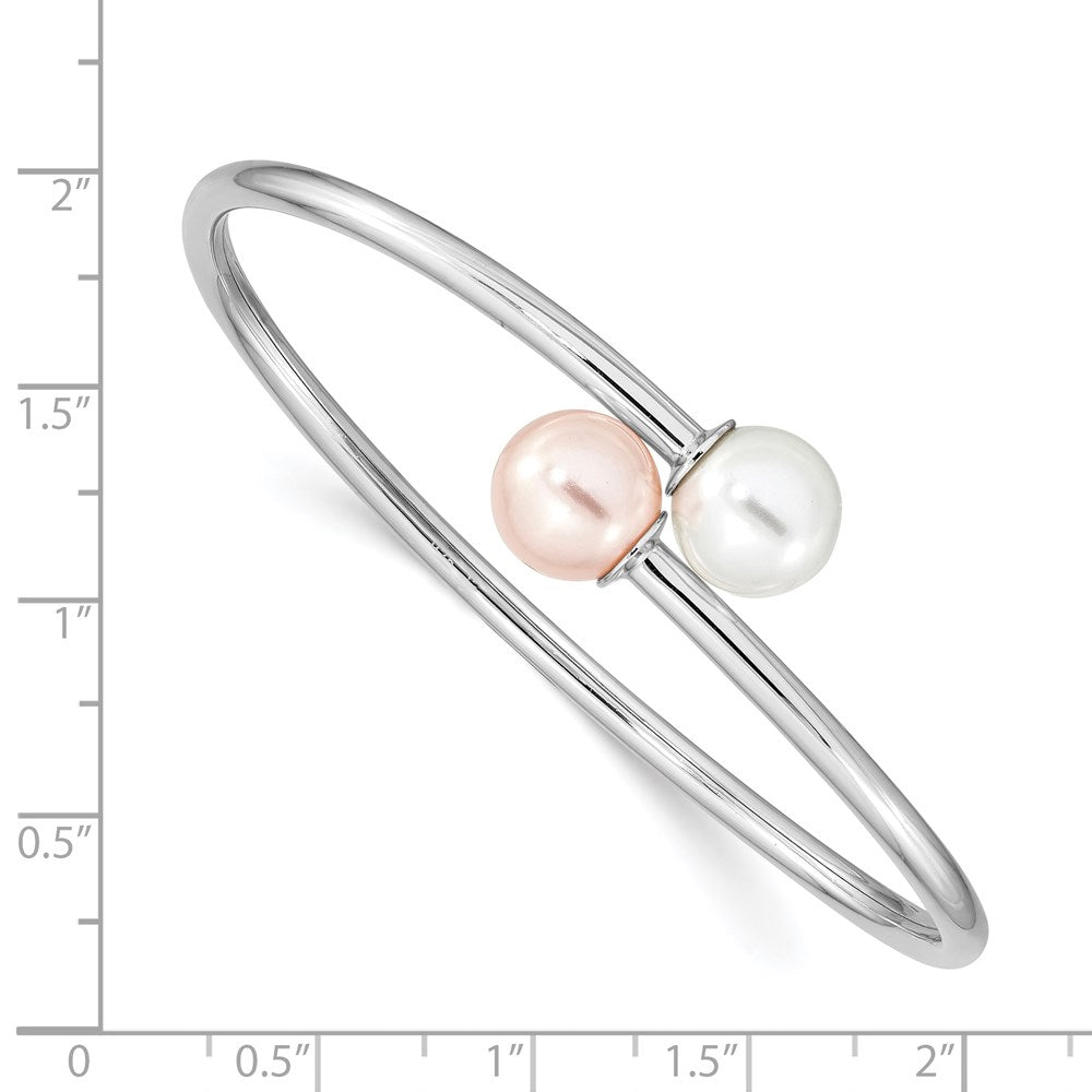 Majestik Sterling Silver Rhodium-plated 10-11mm White Pink Imitation Shell Pearl Bangle 7 inches