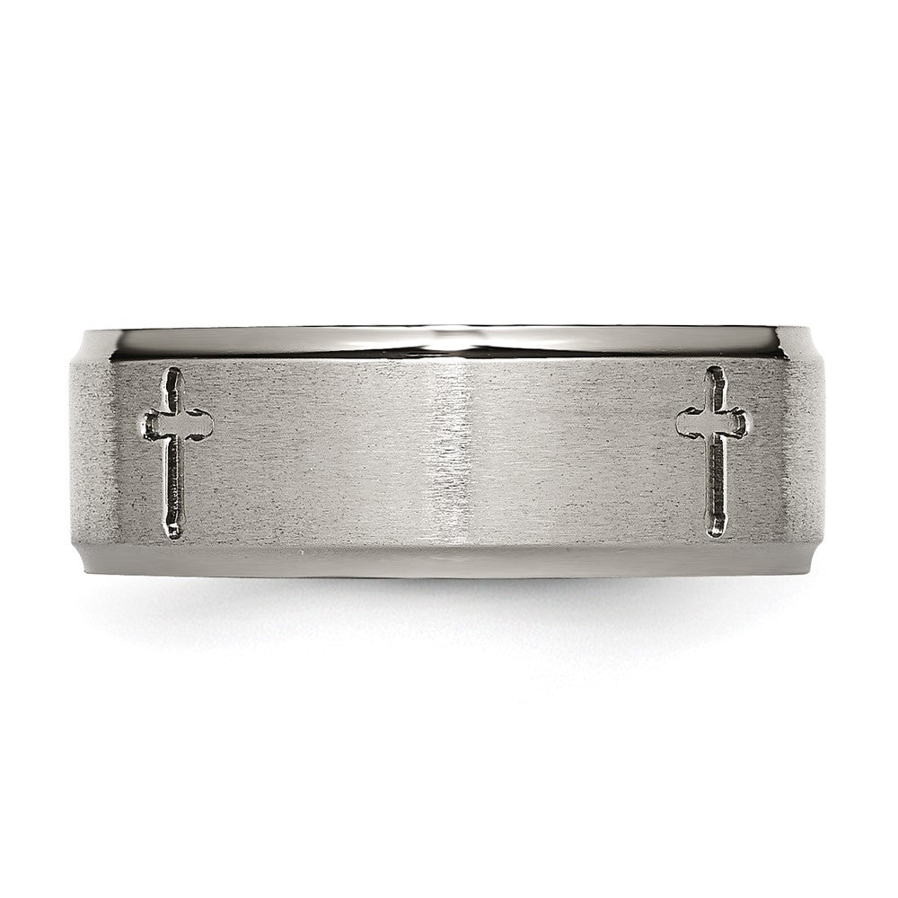 Titanium Brushed Center Cross 8mm Ridged Edge Band Size - 6.5