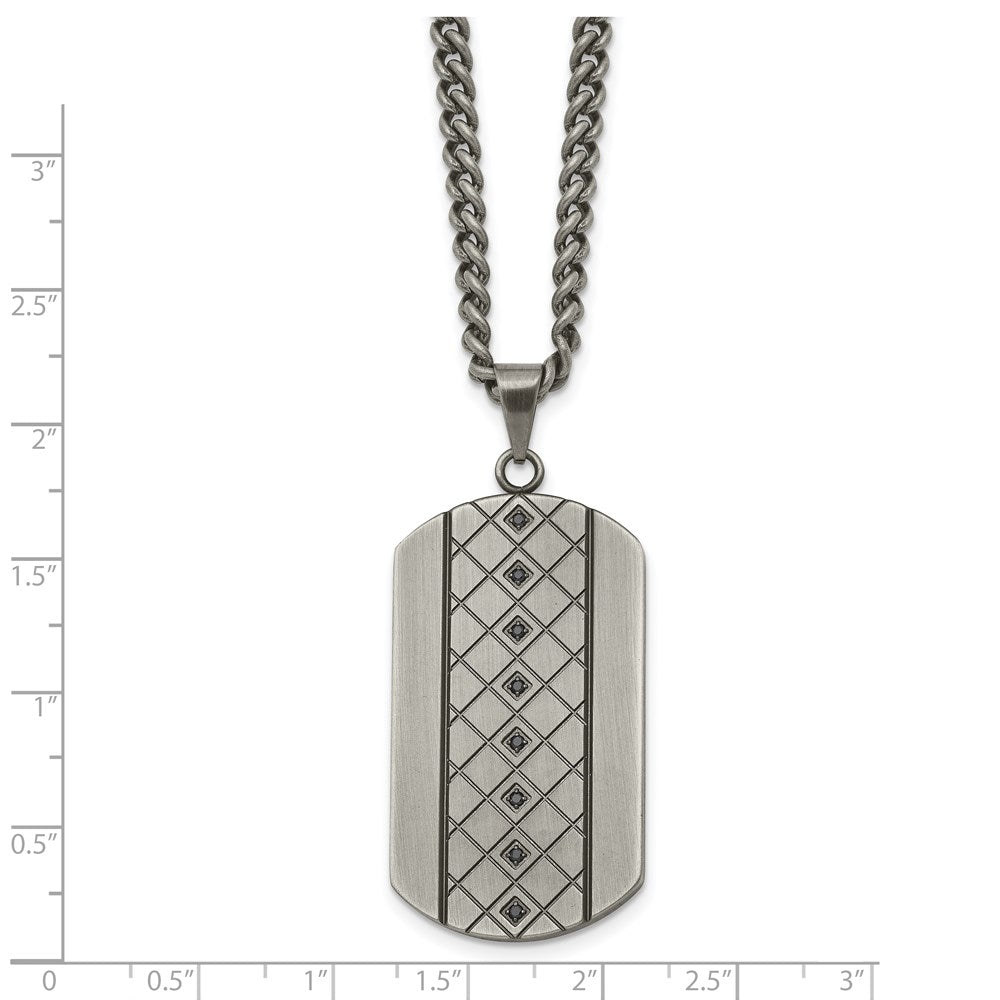 Stainless Steel Brushed and Textured w/Black CZ Dog Tag 22in Necklace