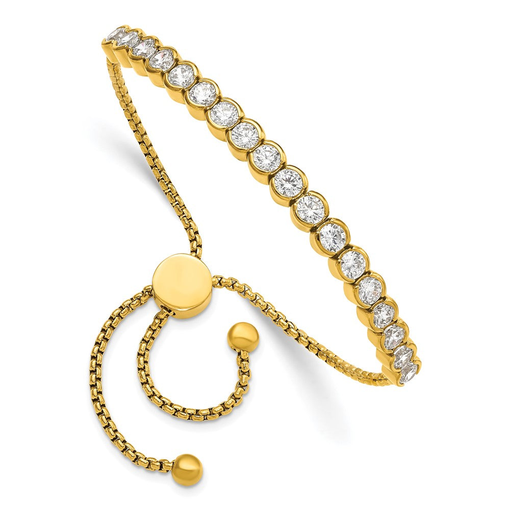 Stainless Steel Polished Yellow IP-plated CZ Adjustable Bracelet 10 inches
