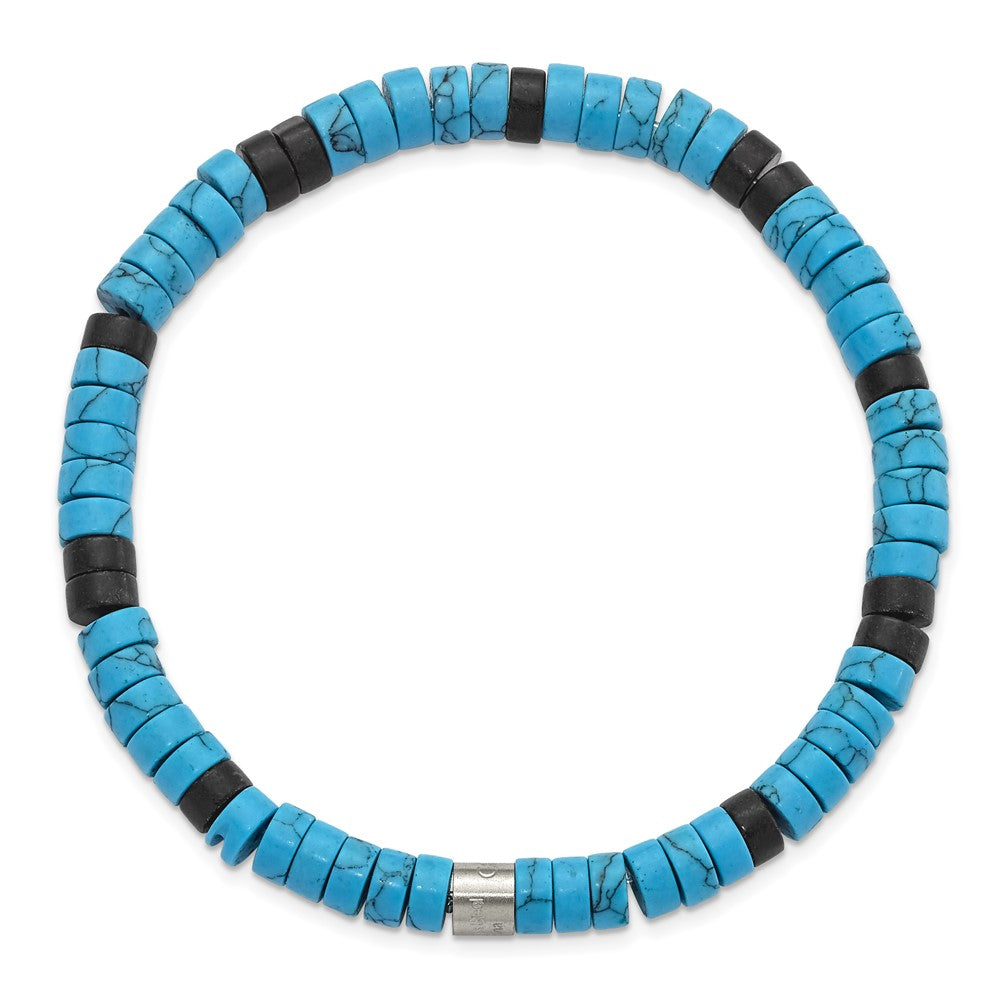 Stainless Steel Brushed Howlite/Black Agate Beaded Stretch Bracelet