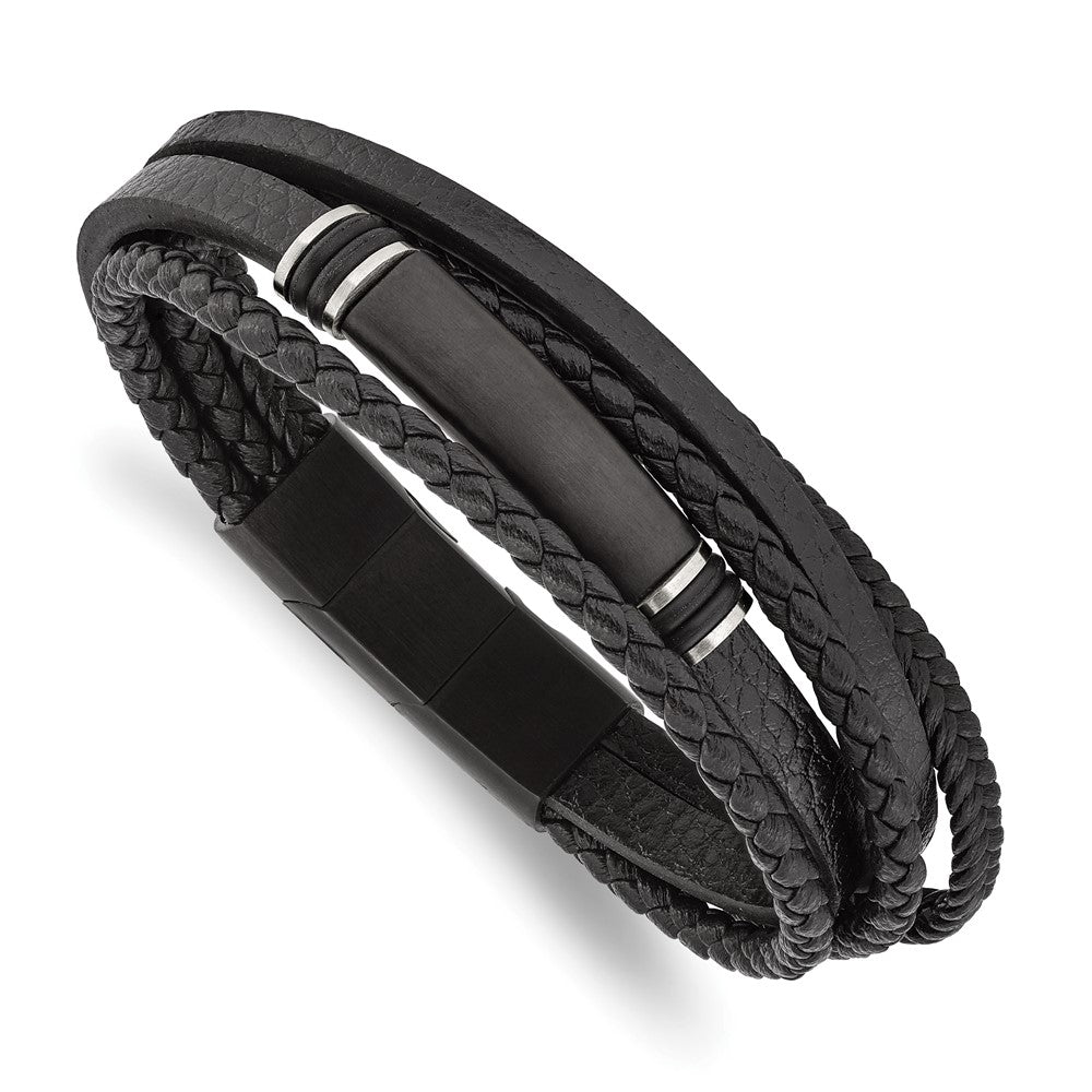 Stainless Steel Brushed Black IP PU Leather/Rubber 8in w/.5in ext Bracelet 8 inches
