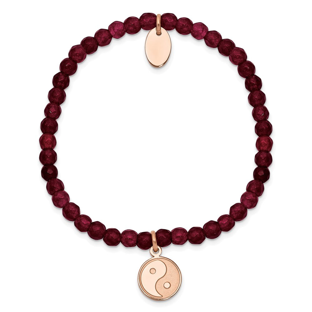 Stainless Steel Polished & Satin Rose IP YingYang Red Jade Stretch Bracelet 6 inches