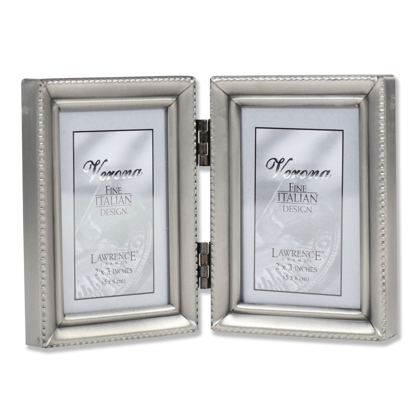 Antique Pewter Hinged Double 2x3 Picture Frame - Beaded Edge Design