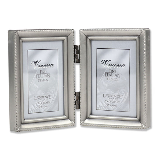 Antique Pewter Hinged Double 2x3 Picture Frame - Beaded Edge Design