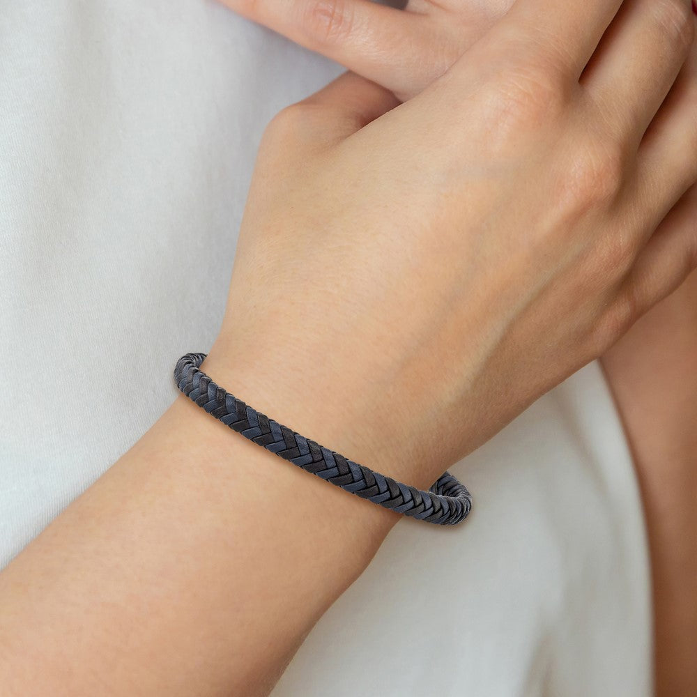 Stainless Steel Polished Black and Blue Braided Leather 8.25in Bracelet 8.25 inches