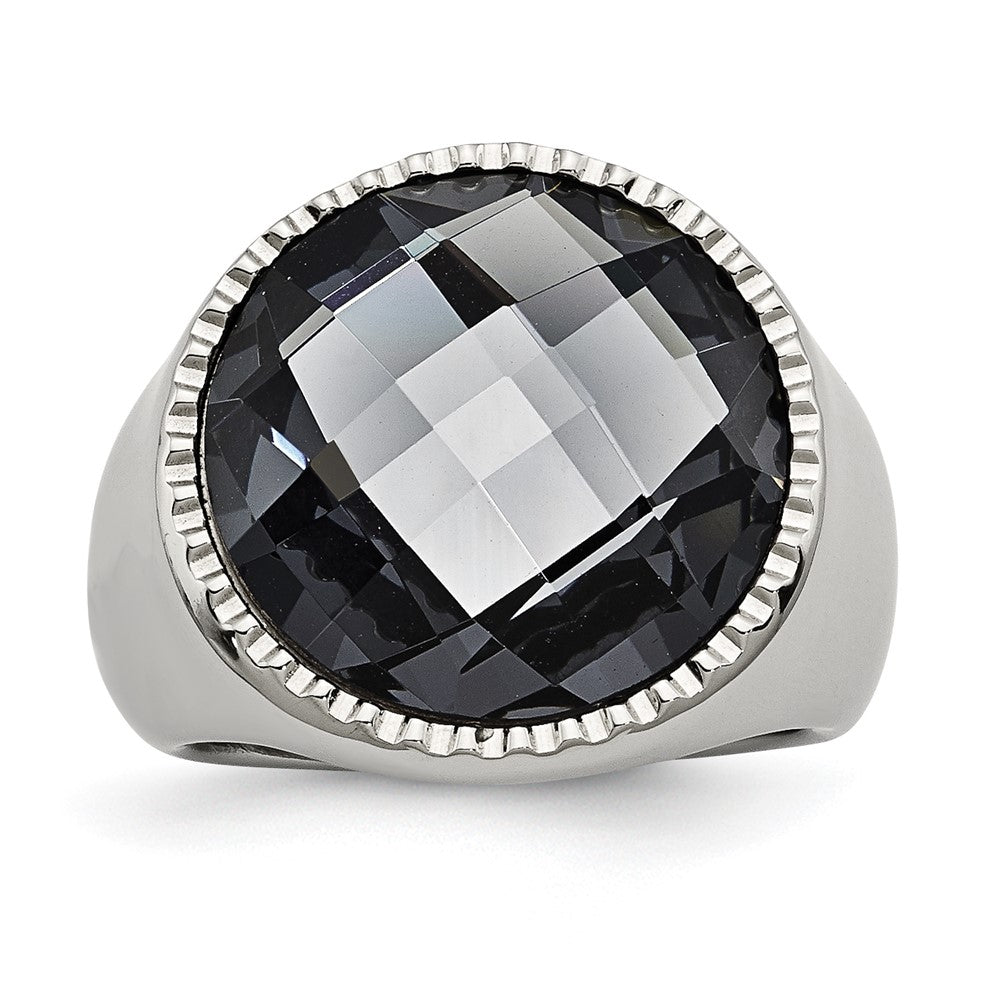 Stainless Steel Polished Grey Glass Ring Size - 7
