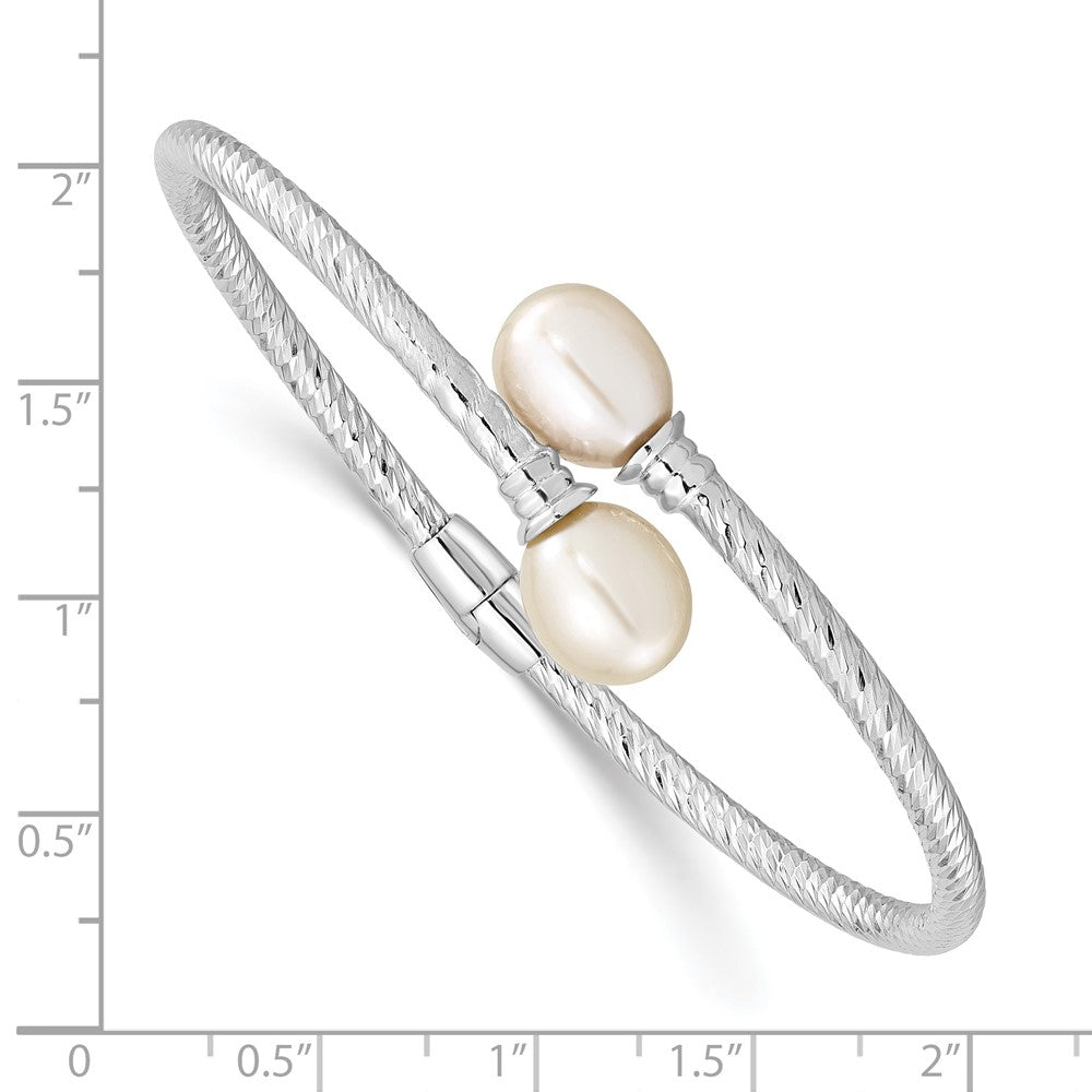 Sterling Silver Rhodium-plated 8-9mm White Rice Freshwater Cultured Pearl Hinged Bangle 6.5 inches