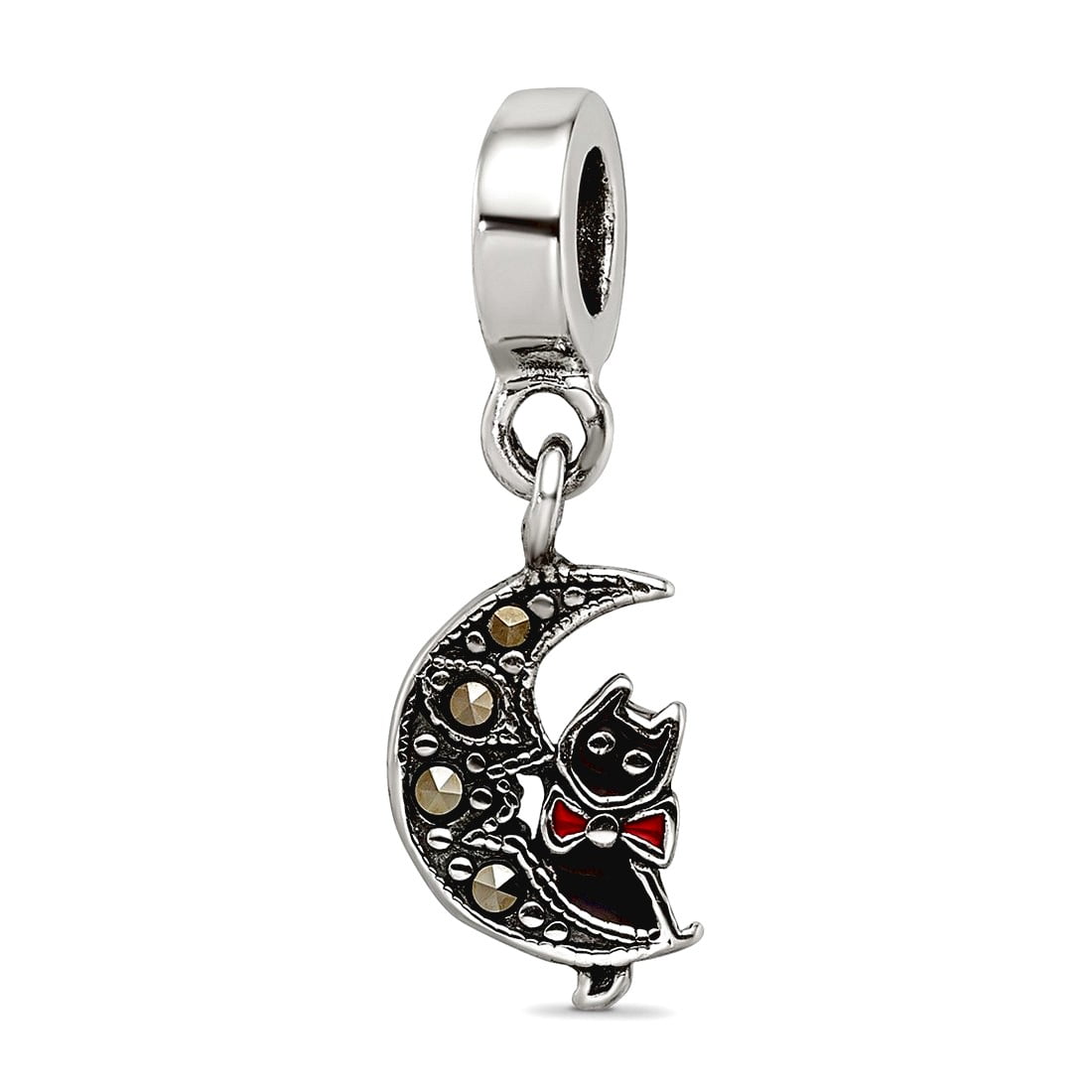 925 Sterling Silver Polished Artisan Oxidized Reflections Marcasite Cat and Celestial Moon Dangle Bead Charm 10x2.73mm W