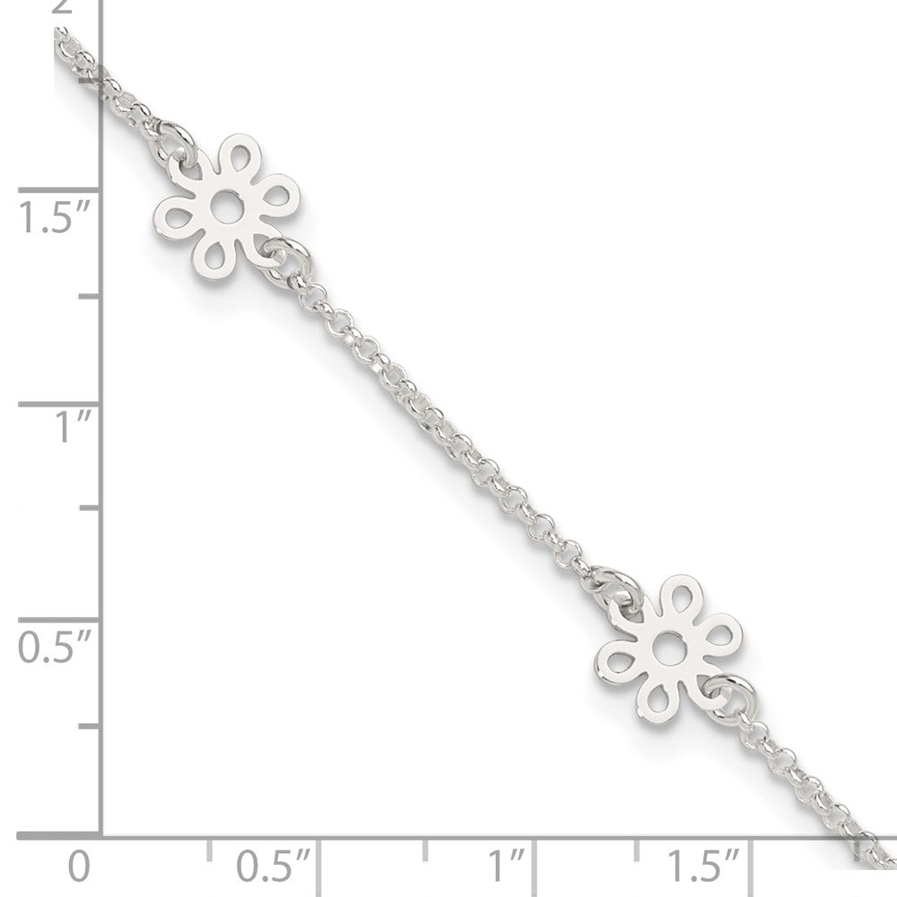 Sterling Silver Polished Flower 9in Plus 1in Ext. Anklet 9 inches
