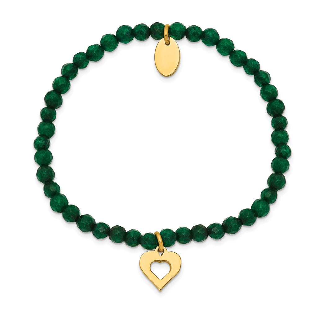 Stainless Steel Polished Heart Yellow IP Green Jade Stretch Bracelet 6 inches