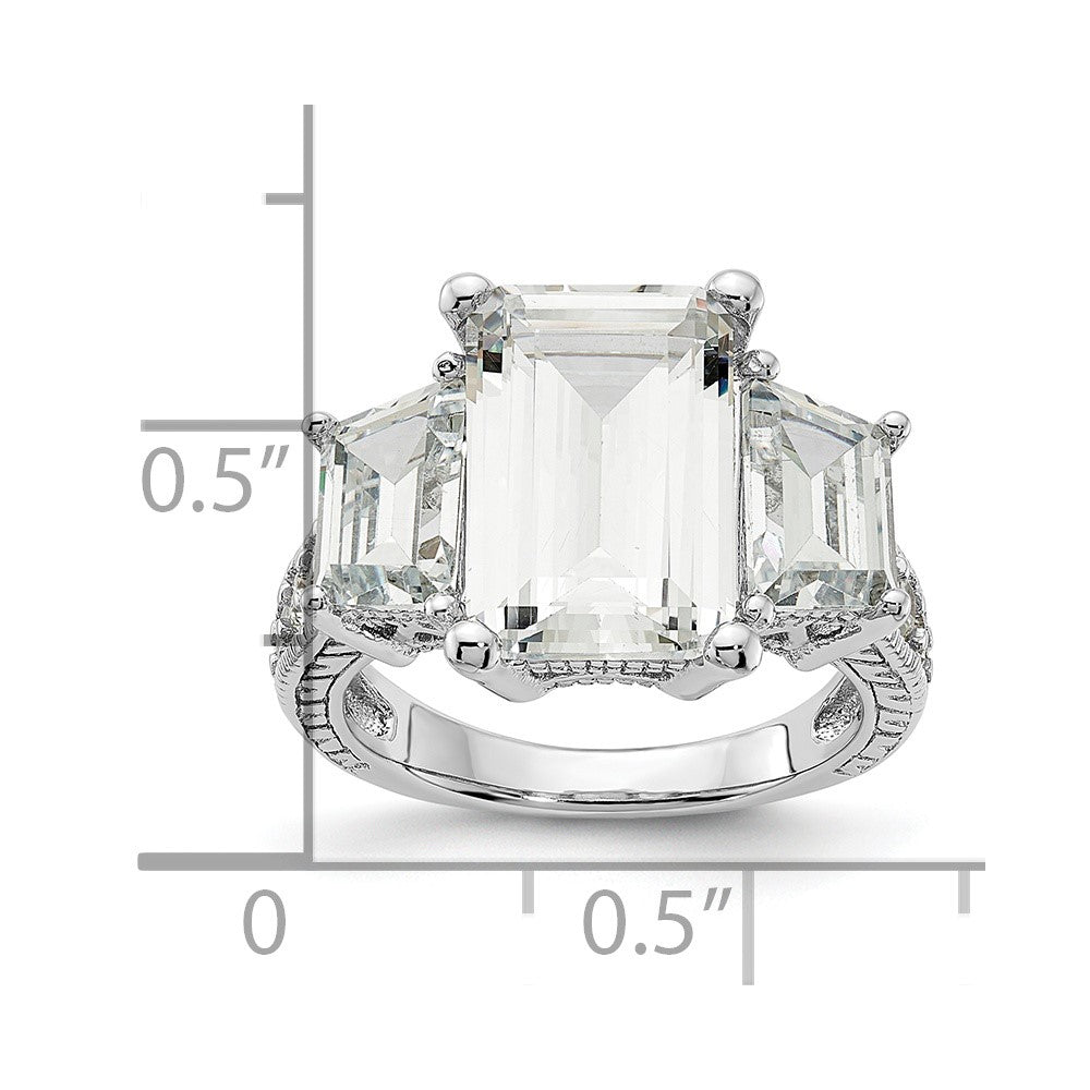 Cheryl M Sterling Silver Rhodium-plated Fancy Emerald-cut and Brilliant-cut CZ 3 Stone Ring