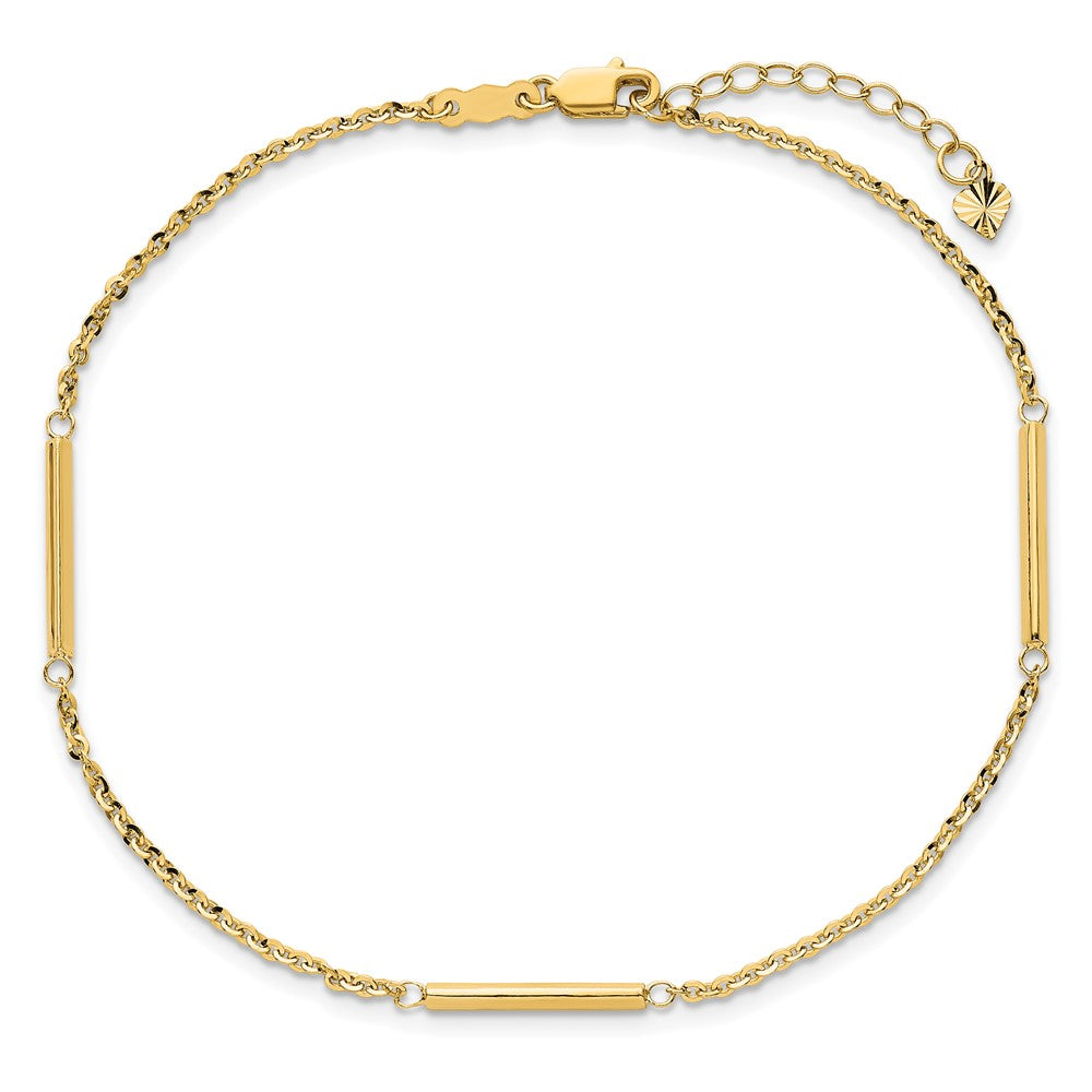 14k Polished Fancy Cable Chain and Bar 3-Station 9 inch Plus 1 inch Extension Anklet