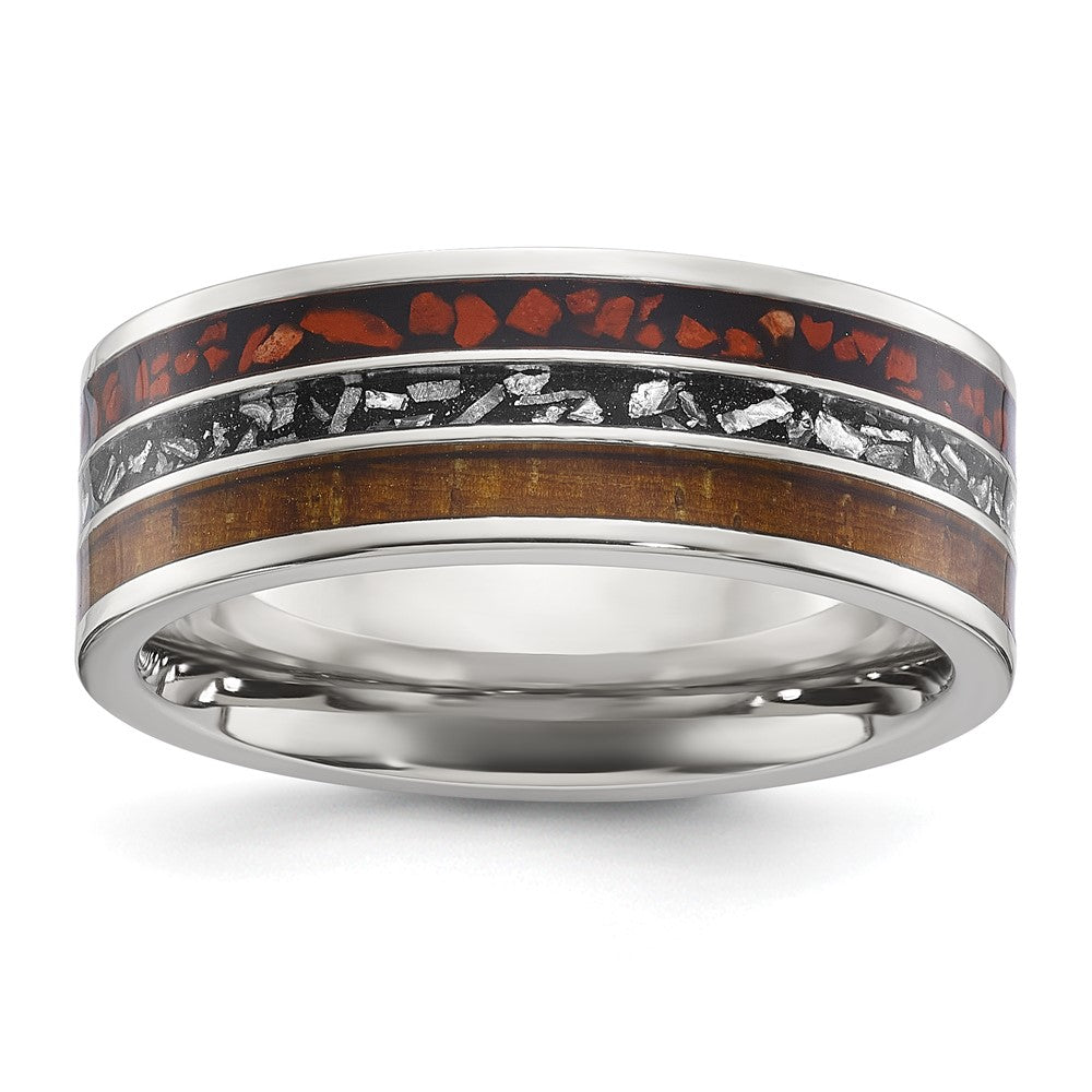 Chisel Stainless Steel Polished with Wood, Imitation Meteorite and Red Stone Inlay 8mm Band Size - 10.5