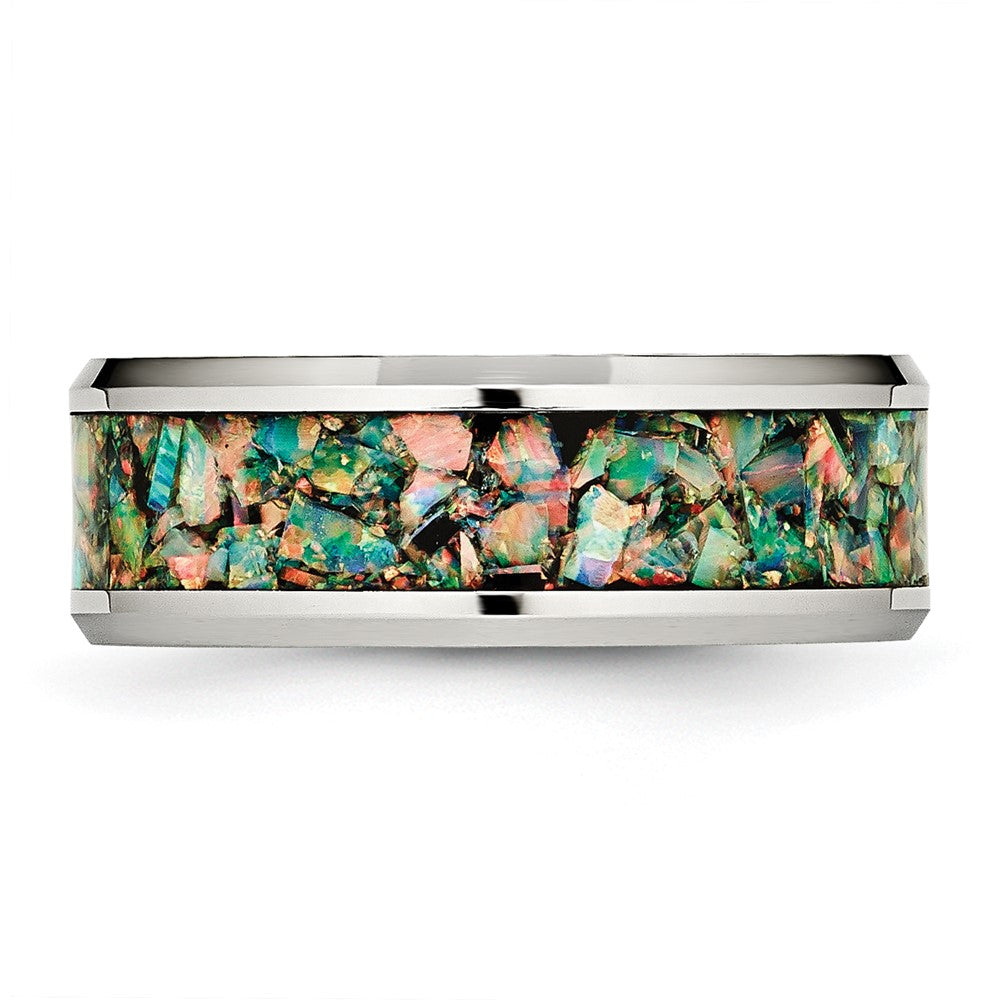 Stainless Steel Polished with Imitation Opal Inlay 8mm Band Size - 11.5