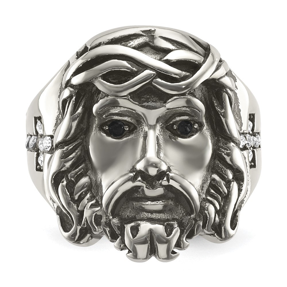 Stainless Steel Antiqued and Polished w/Black & White Crystal Jesus Ring Size - 11
