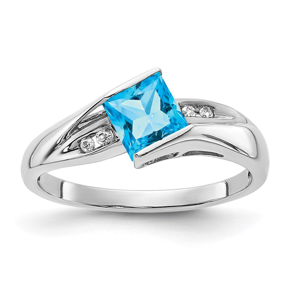 Sterling Silver 5X5 ANC Blue Topaz & Diamond Ring