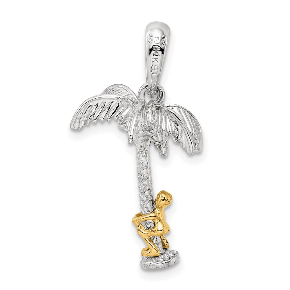 Sterling Silver Polish 3D Palm Tree w/14k Moving Climber Pendant