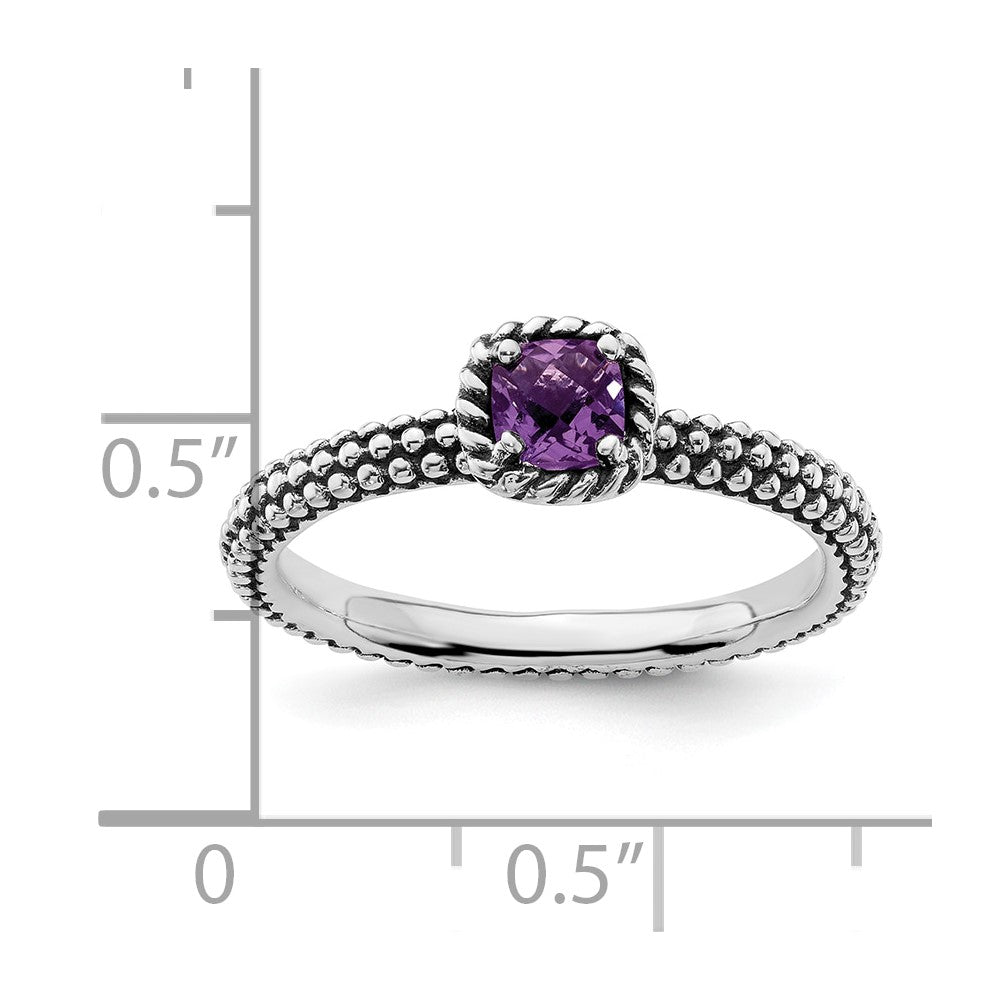 Sterling Silver Stackable Expressions Checker-cut Amethyst Antiqued Ring Size -6