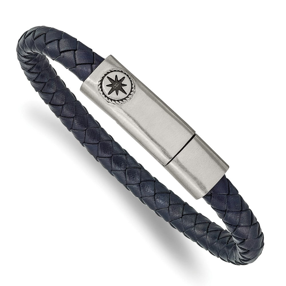 Stainless Steel Antiqued and Brushed Blue Leather Compass 8in Bracelet 8 inches