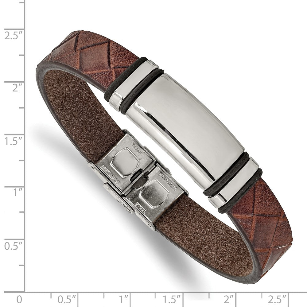 Stainless Steel Polished Brown Faux Leather w/ Black Rubber ID Bracelet 8.25 inches