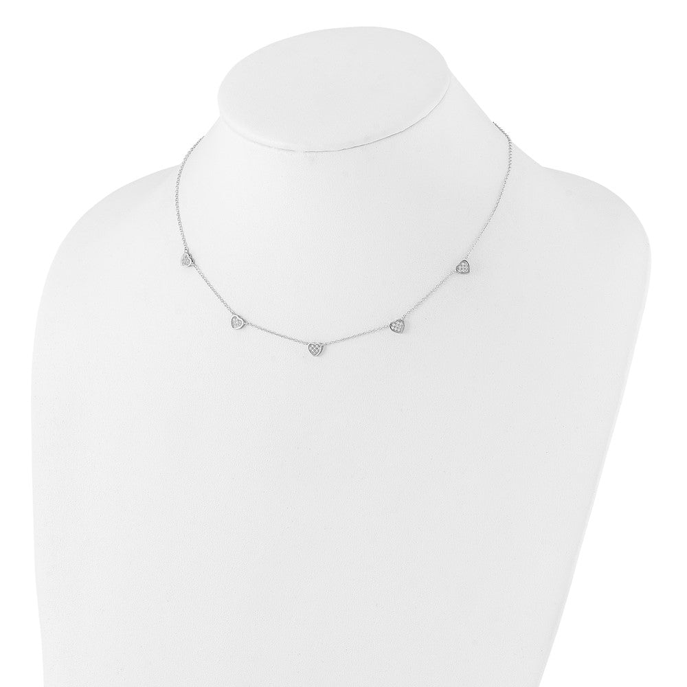 Sterling Silver RH-plated w/Micro Pave CZ Hearts 16in w/2in ext Necklace 16 Inches