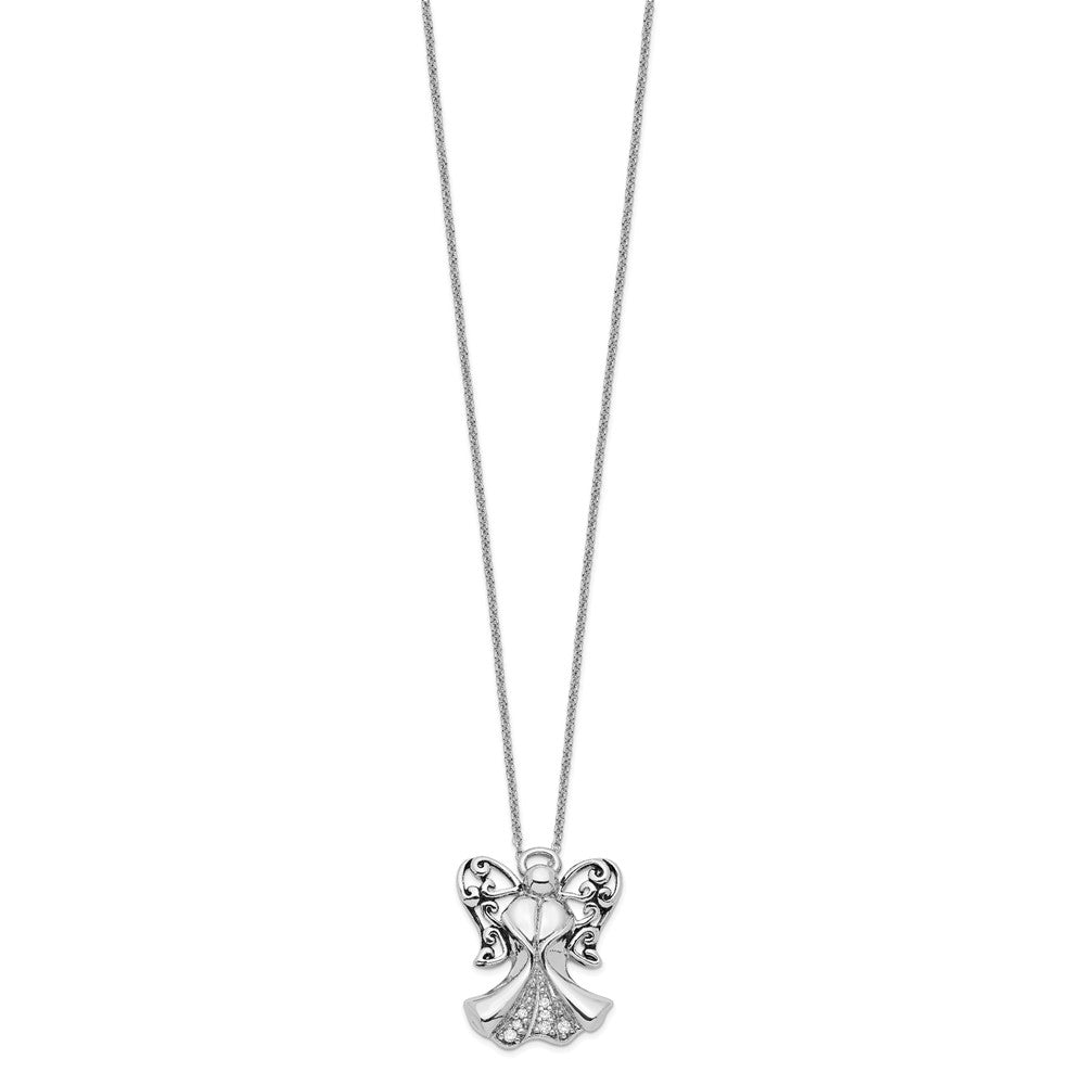 Sentimental Expressions Sterling Silver Rhodium-plated CZ Antiqued Angel of Strength 18in Necklace 18 Inches
