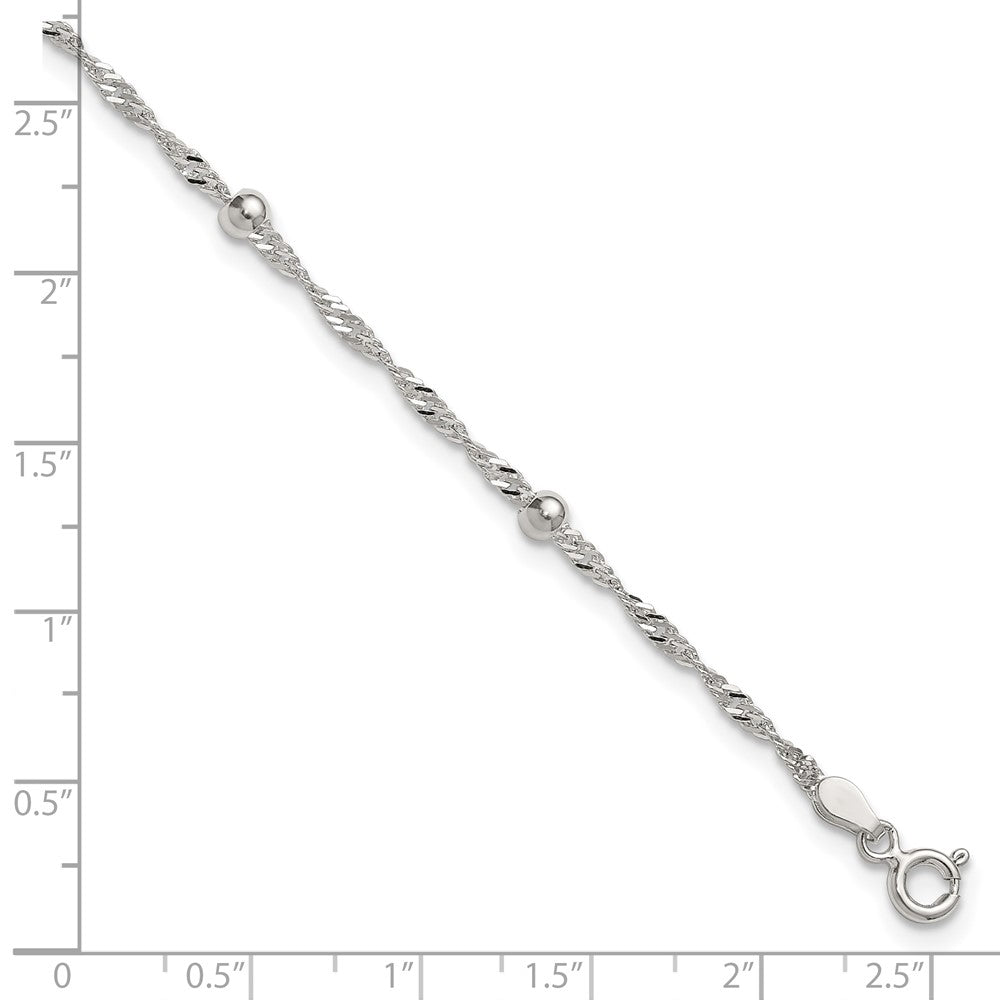 Sterling Silver Polished and Beaded 6-Station Fancy Link 9 inch with 1 inch Extension Anklet