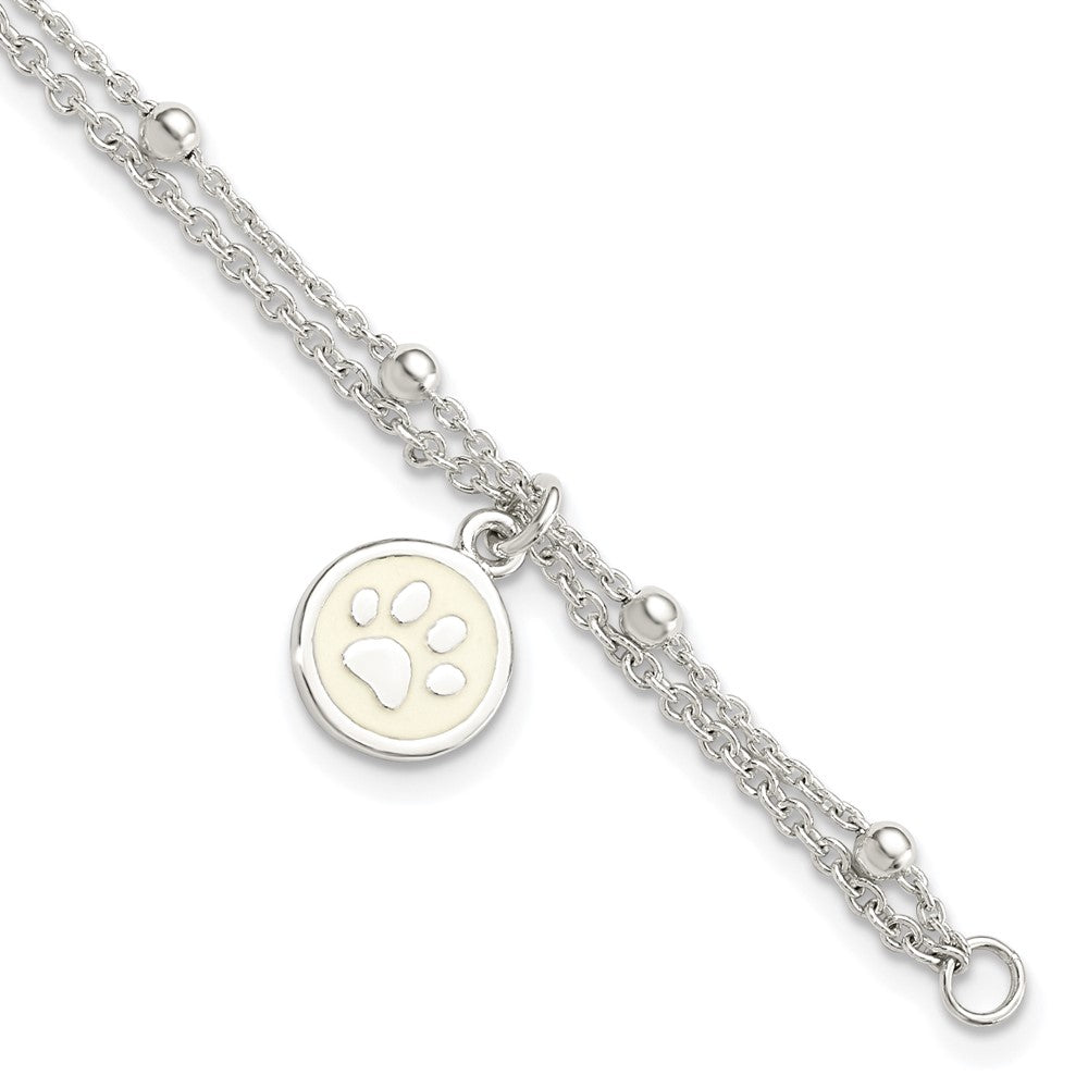 Sterling Silver 2-Strand Heart and Enameled Paw Print Bracelet 7.5 inches