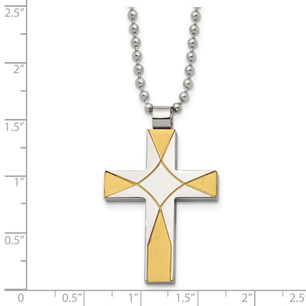 Stainless Steel Brushed and Polished Yellow IP-plated Cross Necklace